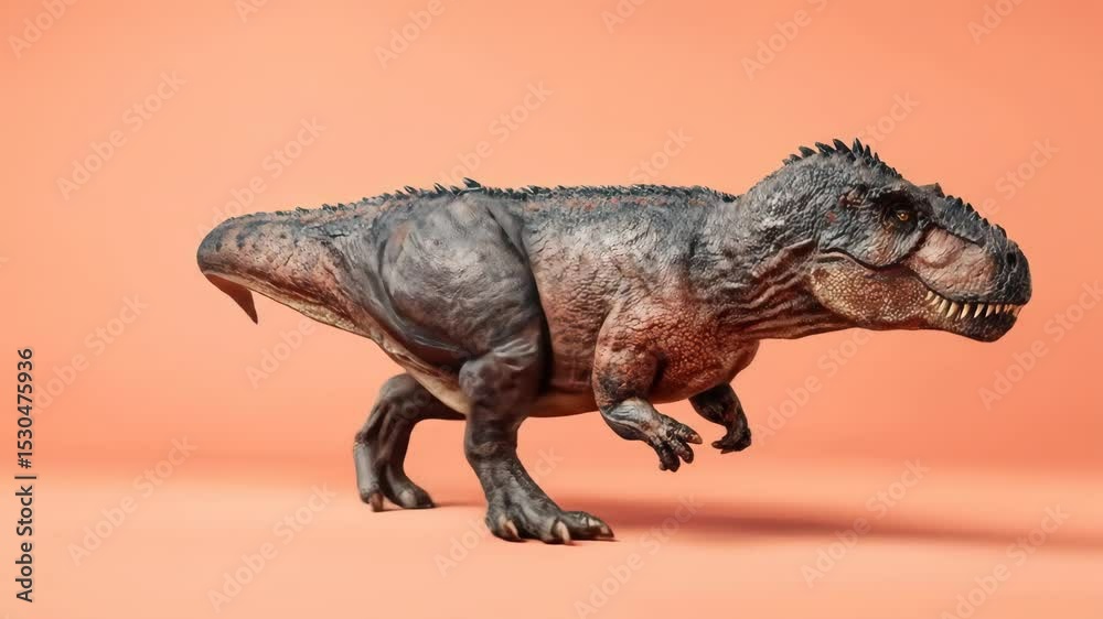 A gray dinosaur roars open mouthed showing pointy teeth The dinosaur appears plastic or toy like against a plain solid orange background Fierce prehistoric creature