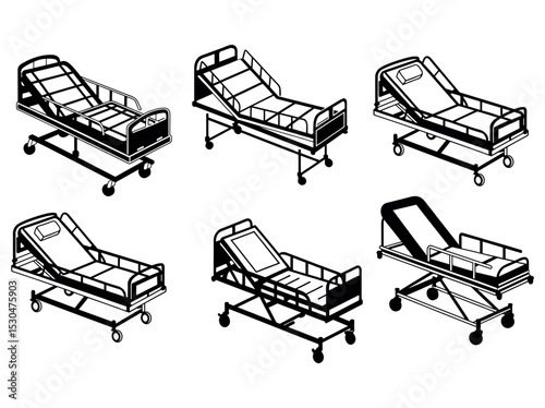 Various Hospital Beds on Wheels, Black and White Illustration,  displays a collection of different types of hospital beds, healthcare, medical, bed, patient bed, wheelchair, adjustable bed, metal bed.