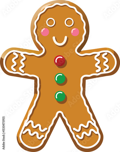 Gingerbread Man Cookie with Candy Buttons and Icing on White Background