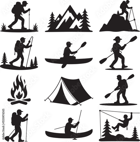 Outdoor Adventure Silhouette Vector Bundle – 10 Black Icons – Hiking, Camping, Climbing, Kayaking, Fishing, Tent, Zip Line & More