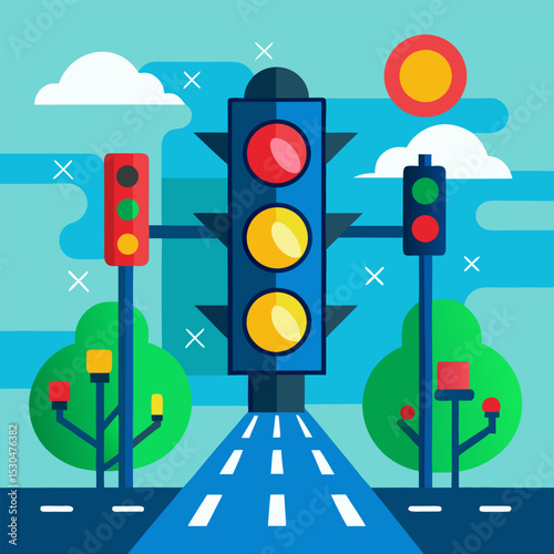 International Traffic Lights Day Vector Illustration Featuring Traffic Signals with Red Yellow and Green Lights on a Pole
