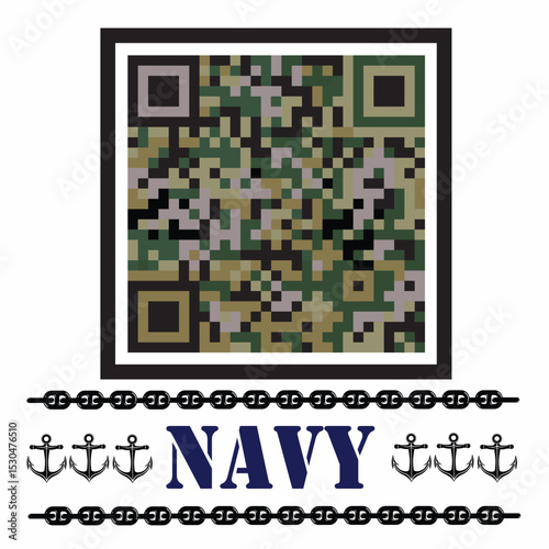 A custom QR code designed with a digital camouflage pattern in military green tones, surrounded by bold black anchor icons and the word “NAVY” in capital block lettering.