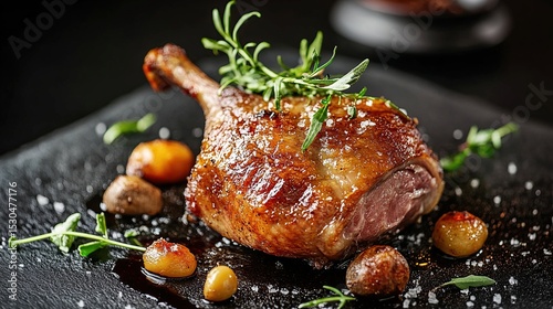 A roasted duck leg with crispy skin and a rich, brown glaze rests on a black slate plate, garnished with fresh rosemary, thyme, and roasted mushrooms
