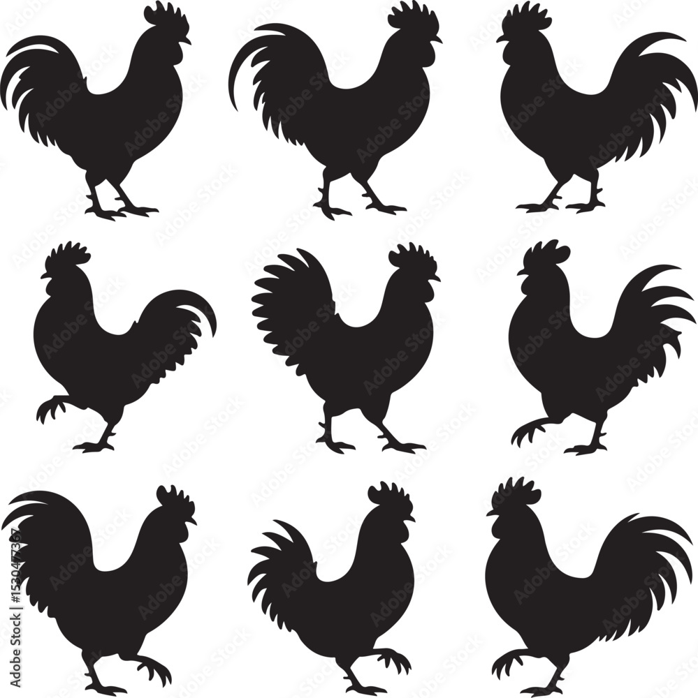 Fototapeta premium Rooster Silhouette Vector Bundle – 10 Black Icons – Crowing, Standing, Walking, Flapping, Perched, Running, Head Close-Up & More