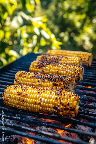 Grilled corn on the cob, golden brown and smoky with lots of black char marks, lying flat on an outdoor grill surrounded by burning coals, fresh air swirling around, a close-up shot capturing the