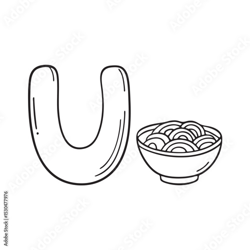 An Illustration of letter U next to udon
