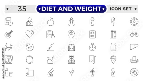 Diet and weight loss outline icon set. Gym and fitness web icon set. Containing healthy lifestyle, weight training, body care and workout or exercise equipment icons.