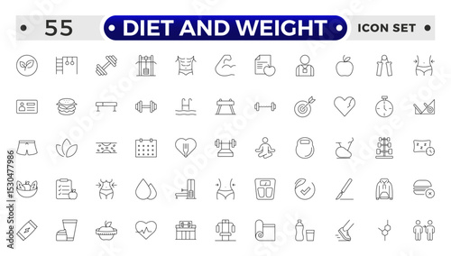 Diet and weight loss outline icon set. Gym and fitness web icon set. Containing healthy lifestyle, weight training, body care and workout or exercise equipment icons.