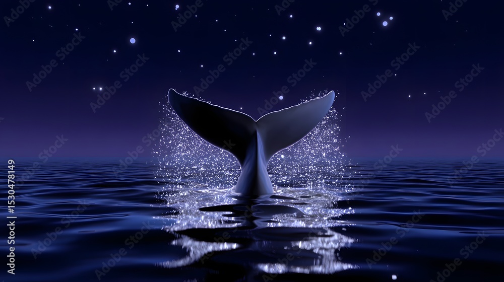 Fototapeta premium A majestic whale's tail emerges from the dark, reflective ocean, splashing stars into the celestial, night-time seascape.