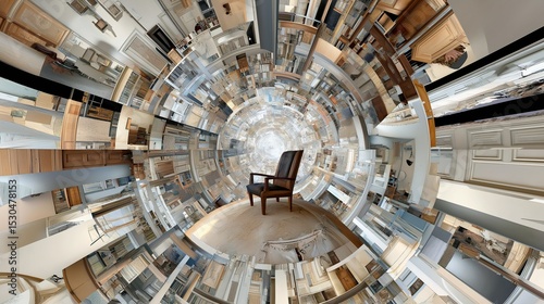 A unique artwork showcases a circular perspective of a traditional indoor setting. An isolated chair sits amidst a visually intriguing arrangement of furniture and decor
