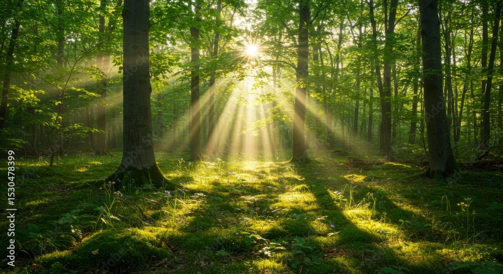 Fototapeta premium Sunlight streams through a lush forest