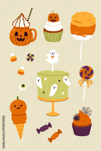 Set of cute sweets and treats in Halloween style. Vector graphics.