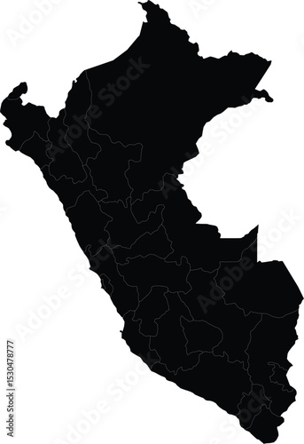 Black silhouette map of Peru with regional boundaries on white background