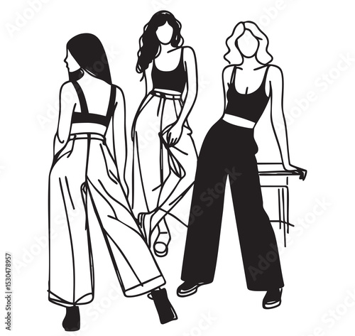 Fashion girls models in wide pants, sketch. Black and white illustration