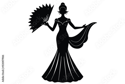 Hand drawn drag queen silhouette with fan and open gown