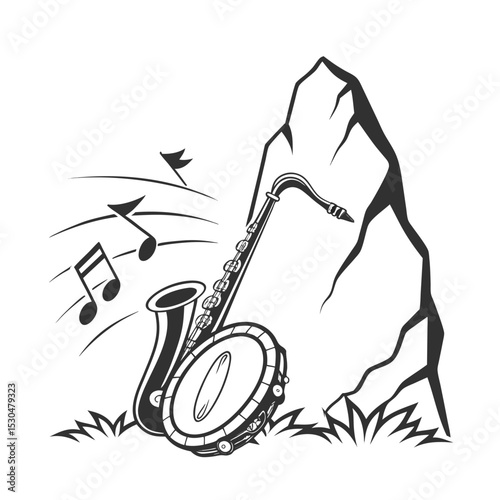 Banjo musical instrument in monochrome style isolated on white background vector illustration. Banjo, stringed acoustic wooden banjo. banjo icon silhouette vector art illustration.
