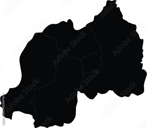 Black silhouette map of Rwanda with regional boundaries on white background