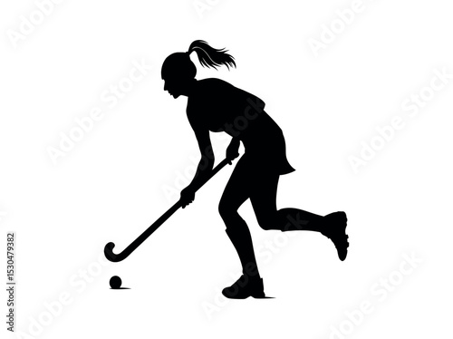 Female field hockey player in action, silhouette, silhouette of a female field hockey player in action, striking a powerful pose while in mid-movement with the hockey stick and ball, female athlete, f