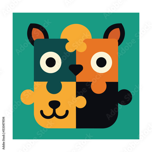 Cute geometric animal puzzle illustration in vibrant colors for children and educational design