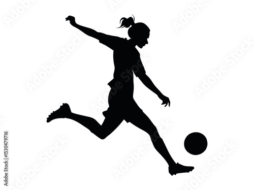 Female Soccer Player in Dynamic Action Silhouette, silhouette of a female soccer player executing a powerful kick, women's football, soccer action, athletic, sports design, soccer illustration, sports
