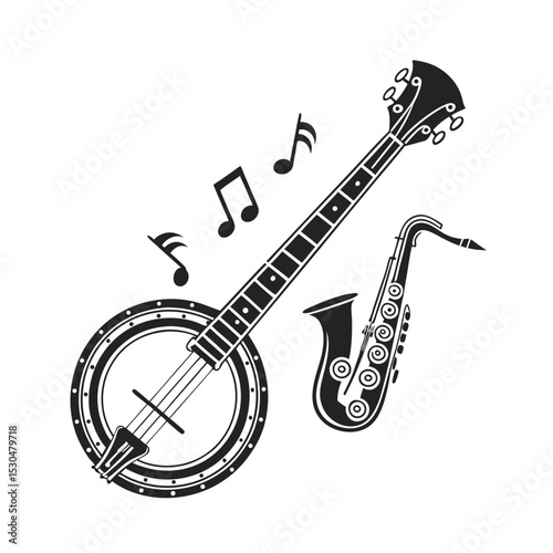 Banjo musical instrument in monochrome style isolated on white background vector illustration. Banjo, stringed acoustic wooden banjo. banjo icon silhouette vector art illustration.