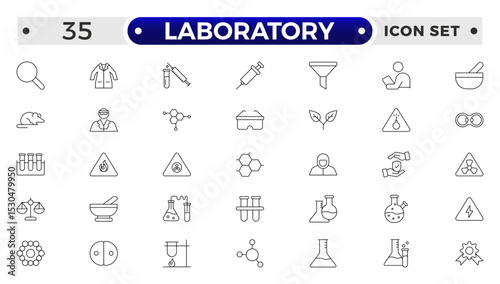 Laboratory outline icon set. Chemistry doodle illustration including icons. Containing experiment, test tube, microscope, flask, chemical, biology, research, lab and more.