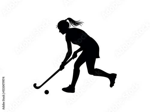 Female field hockey player in action, silhouette, silhouette of a female field hockey player in action, striking a powerful pose while in mid-movement with the hockey stick and ball, female athlete, f
