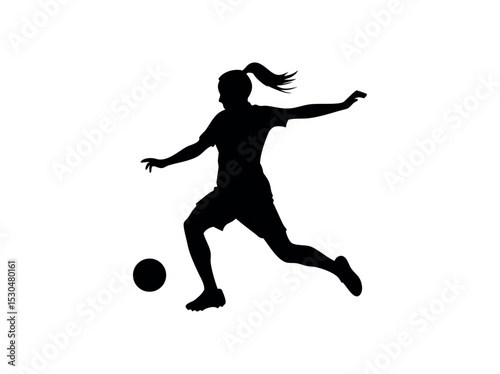 Female Soccer Player in Dynamic Action Silhouette, silhouette of a female soccer player executing a powerful kick, women's football, soccer action, athletic, sports design, soccer illustration, sports