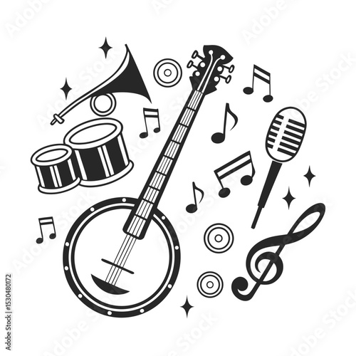 Banjo musical instrument in monochrome style isolated on white background vector illustration. Banjo, stringed acoustic wooden banjo. banjo icon silhouette vector art illustration.