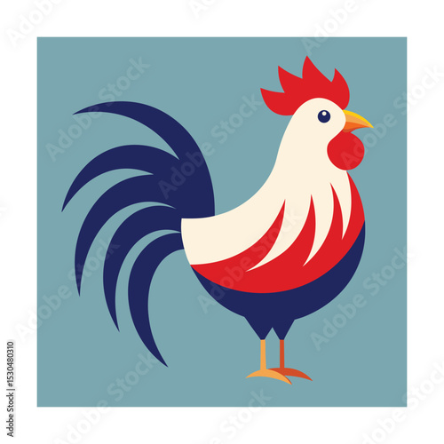 Colorful rooster illustration with geometric shapes standing proudly on a light blue background