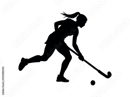 Female field hockey player in action, silhouette, silhouette of a female field hockey player in action, striking a powerful pose while in mid-movement with the hockey stick and ball, female athlete, f