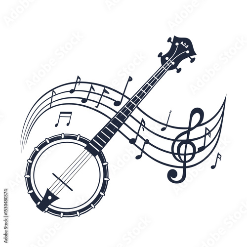 Banjo musical instrument in monochrome style isolated on white background vector illustration. Banjo, stringed acoustic wooden banjo. banjo icon silhouette vector art illustration.