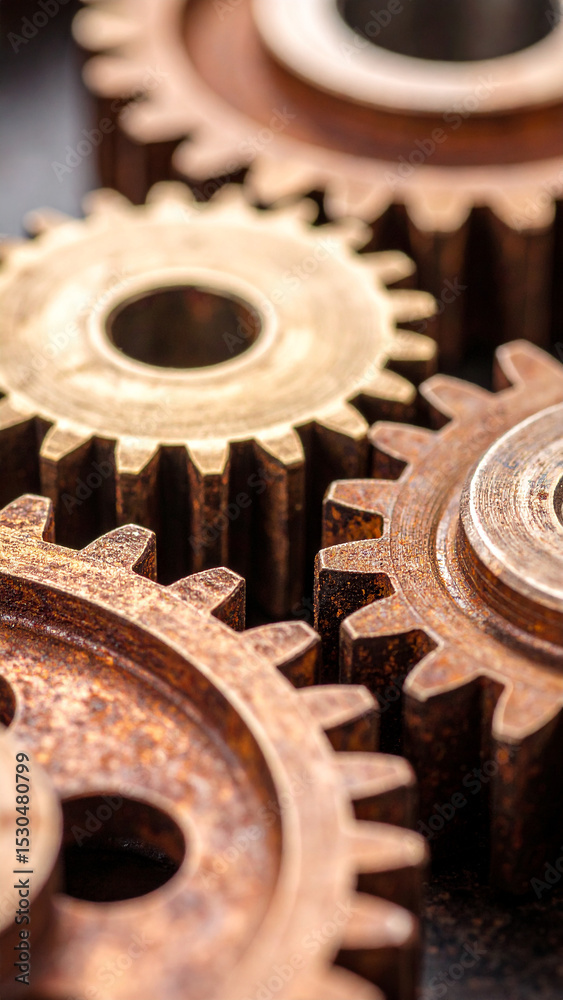 Close-up View of Rusty Metal Gears Showcasing Intricate Details and Textures in Industrial Design Close-up View of Rusty Metal Gears Showcasing Intricate Details and Textures in Industrial Design