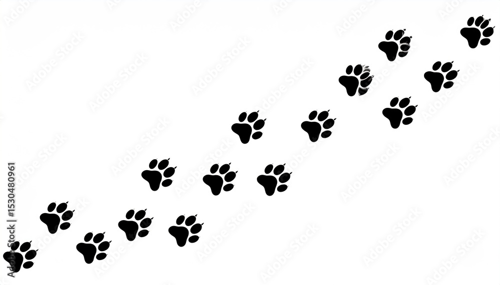 Naklejka premium Black paw prints in diagonal succession, isolated on white backdrop, digital art