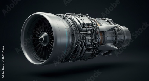 Detailed rendering of a turbofan engine, showcasing intricate internal components and external casing