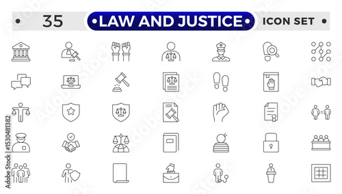 Law and Justice outline icon set. Court icon set. Containing Investigation, law, judgment, criminal, justice law, court legal, lawyer, criminal, prison and more.