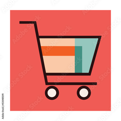 Colorful shopping cart illustration against red background represents online commerce and retail