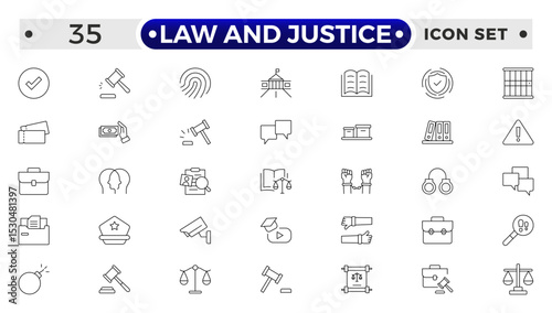 Law and Justice outline icon set. Court icon set. Containing Investigation, law, judgment, criminal, justice law, court legal, lawyer, criminal, prison and more.