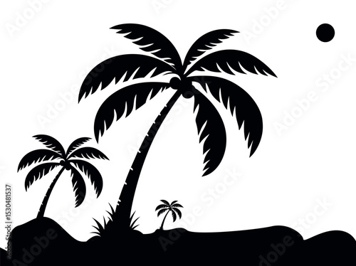 Relaxing Beach Scene with Palm Tree, Beach Chair, and Ice Cream, black and white silhouette of a tropical beach scene, beach, palm tree, beach chair, ice cream, summer, vacation, relaxation, tropical,