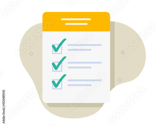 Checklist document insurance icon illustration flat cartoon, check list modern paper survey form, examination inspection test quiz with questions notes, task agenda, inventory registration doc file