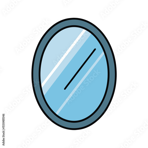 Cartoon illustration of a reflective oval mirror with a black line and blue gradient.