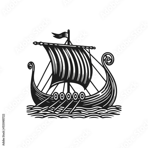 viking ship engrave logo icon design illustration