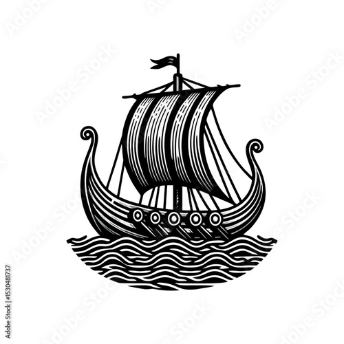 viking ship engrave logo icon design illustration
