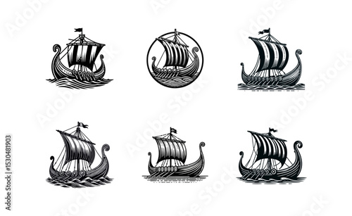 viking ship engrave logo icon design illustration