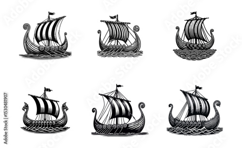viking ship engrave logo icon design illustration