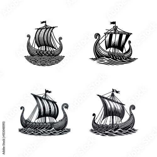 viking ship engrave logo icon design illustration