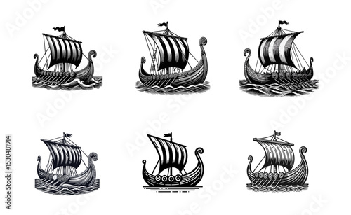 viking ship engrave logo icon design illustration