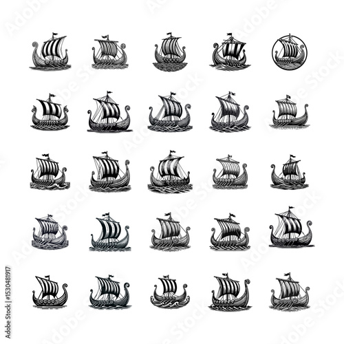 viking ship engrave logo icon design illustration