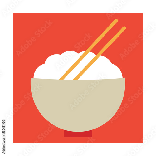 Simple illustration of a bowl of white rice with chopsticks on a red background