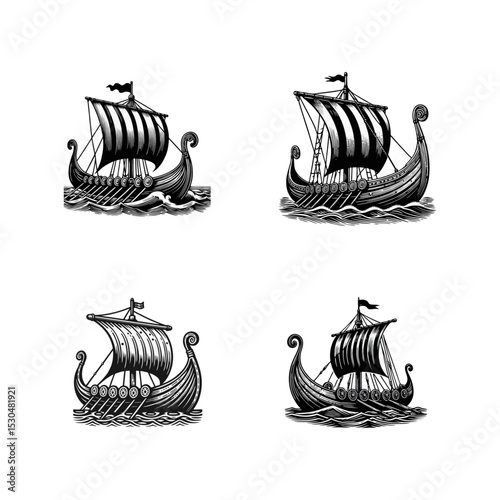 viking ship engrave logo icon design illustration